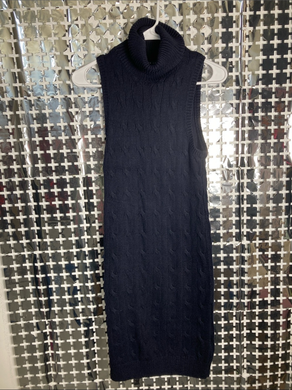 Ralph Lauren Navy Cable-Knit Sleeveless Turtleneck Midi Dress